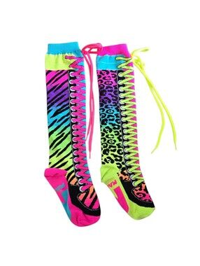 Madmia Neon Mismatched Shoelace Knee High Socks One Size Zebra Leopard